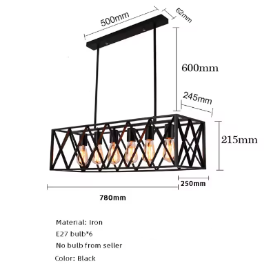 Industrial Pendant Light with 6 Heads in Black Metal for Retro Ambiance