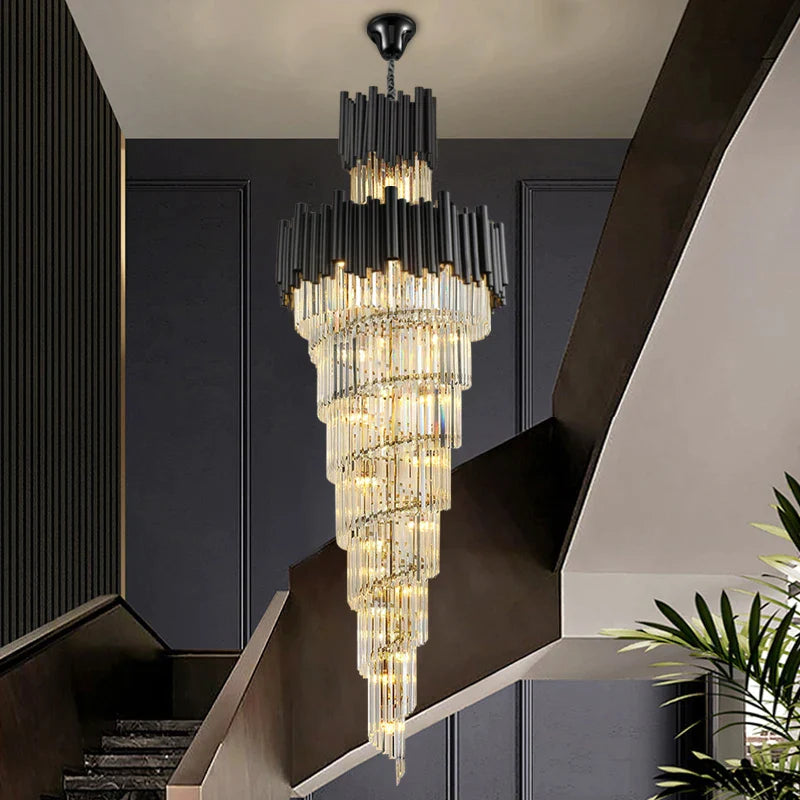 Lustre Éblouissant en Cristal Noir pour un Escalier Chic et Contemporain-LUMICONCEPT