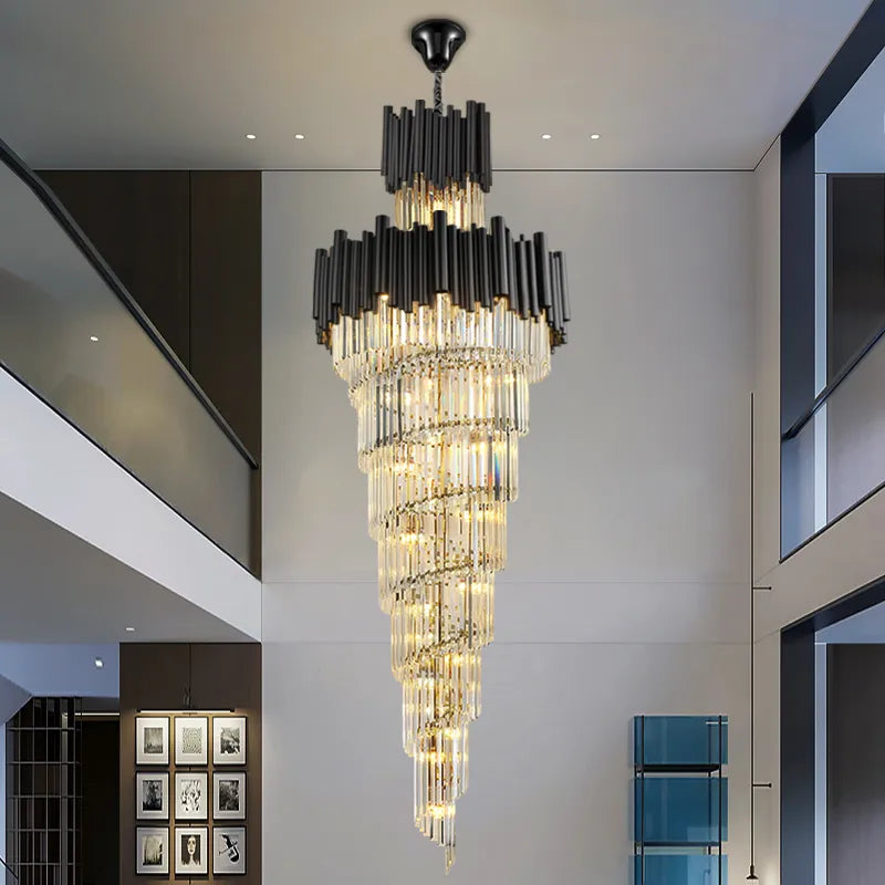 Lustre Éblouissant en Cristal Noir pour un Escalier Chic et Contemporain-LUMICONCEPT