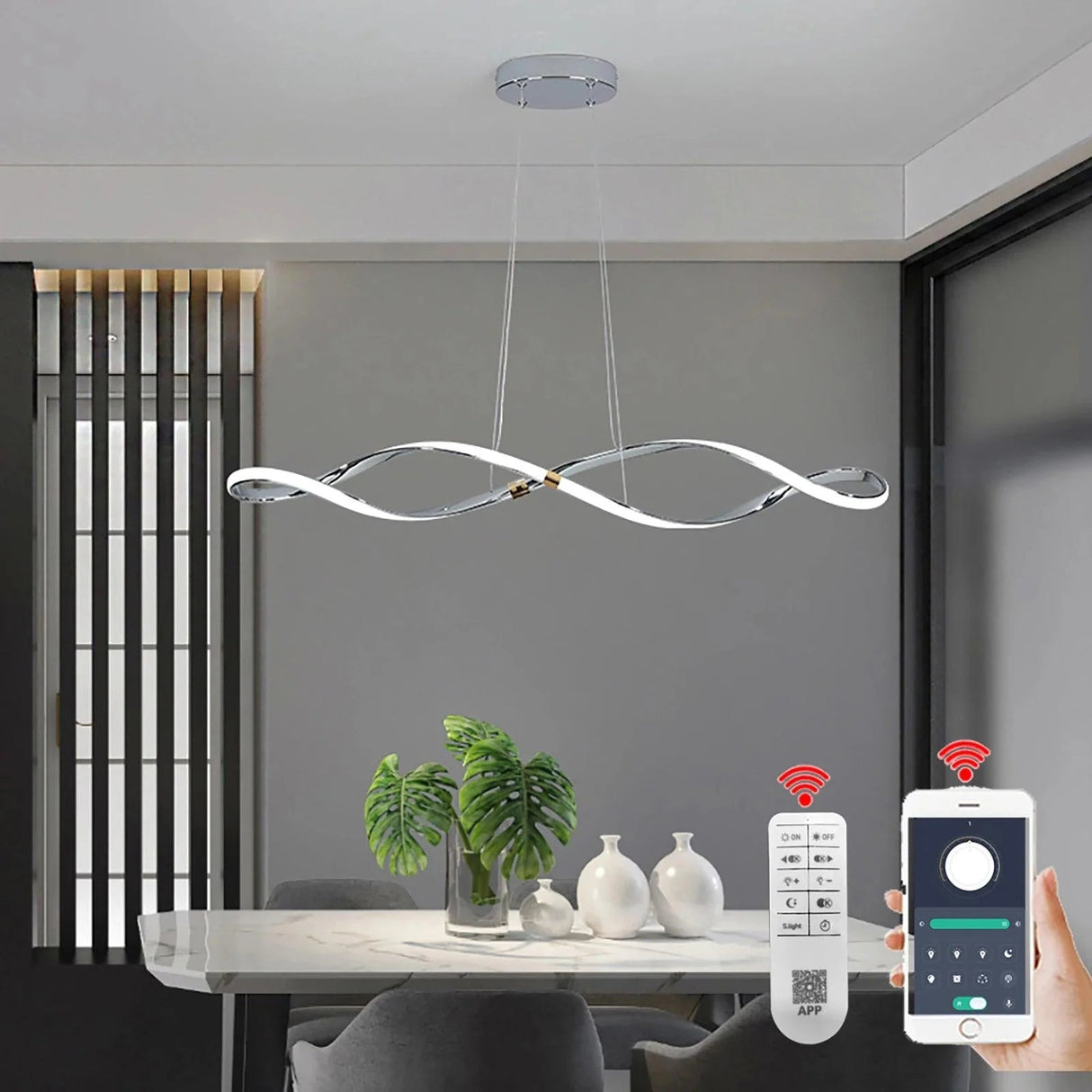 Lustre Ondulé en Chrome Poli avec Gradation LED Intelligente pour Salle à Manger-LUMICONCEPT