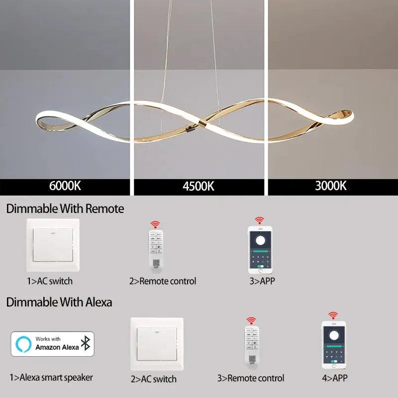 Lustre Ondulé en Chrome Poli avec Gradation LED Intelligente pour Salle à Manger-LUMICONCEPT