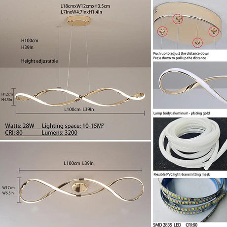 Lustre Ondulé en Chrome Poli avec Gradation LED Intelligente pour Salle à Manger-LUMICONCEPT