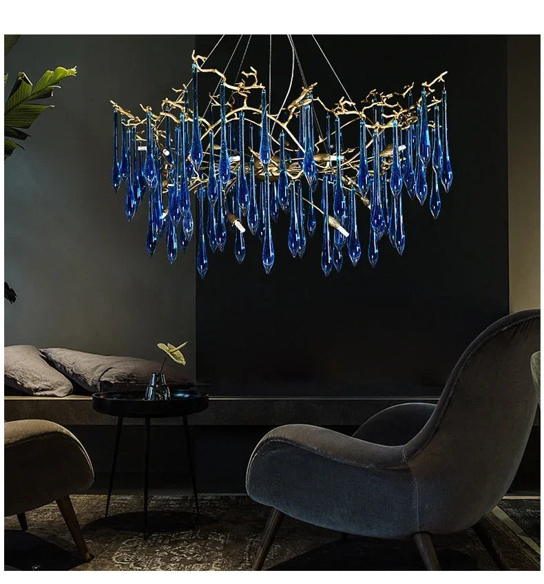 Lustre en cristal bleu de luxe avec finitions en cuivre pour un éclairage élégant et moderne.-LUMICONCEPT