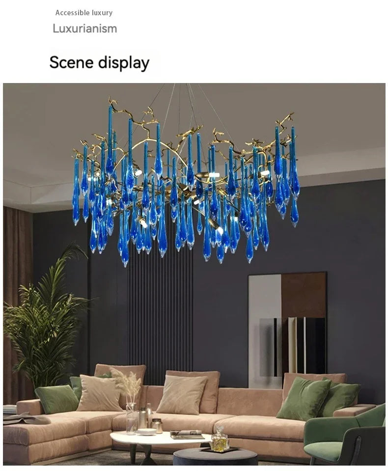 Lustre en cristal bleu de luxe avec finitions en cuivre pour un éclairage élégant et moderne.-LUMICONCEPT