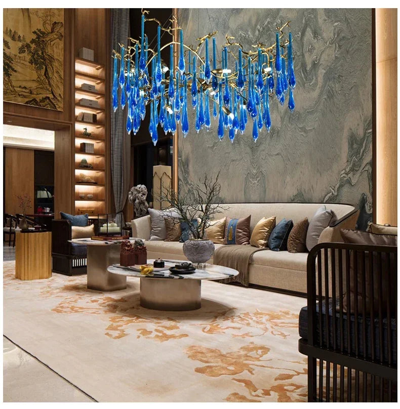 Lustre en cristal bleu de luxe avec finitions en cuivre pour un éclairage élégant et moderne.-LUMICONCEPT