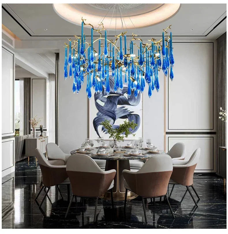 Lustre en cristal bleu de luxe avec finitions en cuivre pour un éclairage élégant et moderne.-LUMICONCEPT