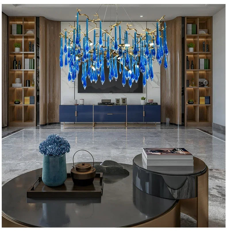 Lustre en cristal bleu de luxe avec finitions en cuivre pour un éclairage élégant et moderne.-LUMICONCEPT