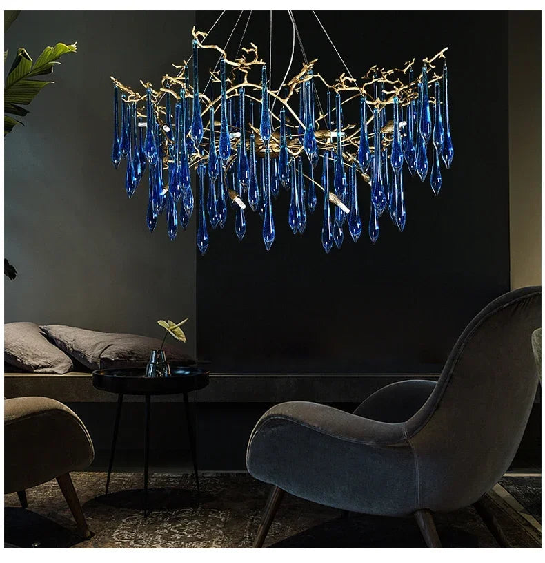 Lustre en cristal bleu de luxe avec finitions en cuivre pour un éclairage élégant et moderne.-LUMICONCEPT