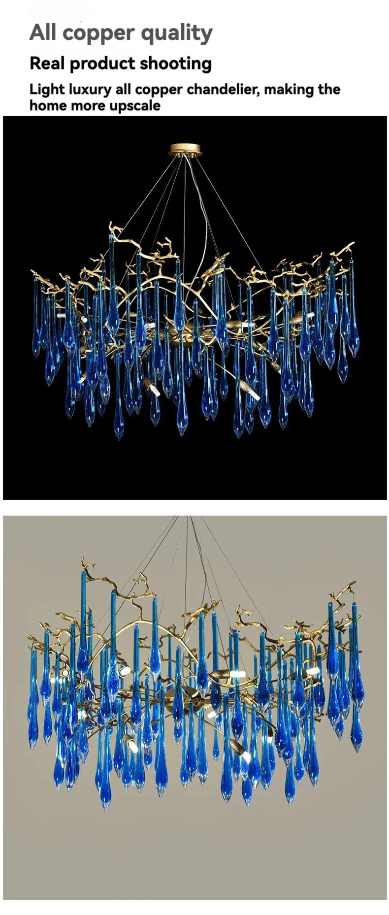 Lustre en cristal bleu de luxe avec finitions en cuivre pour un éclairage élégant et moderne.-LUMICONCEPT