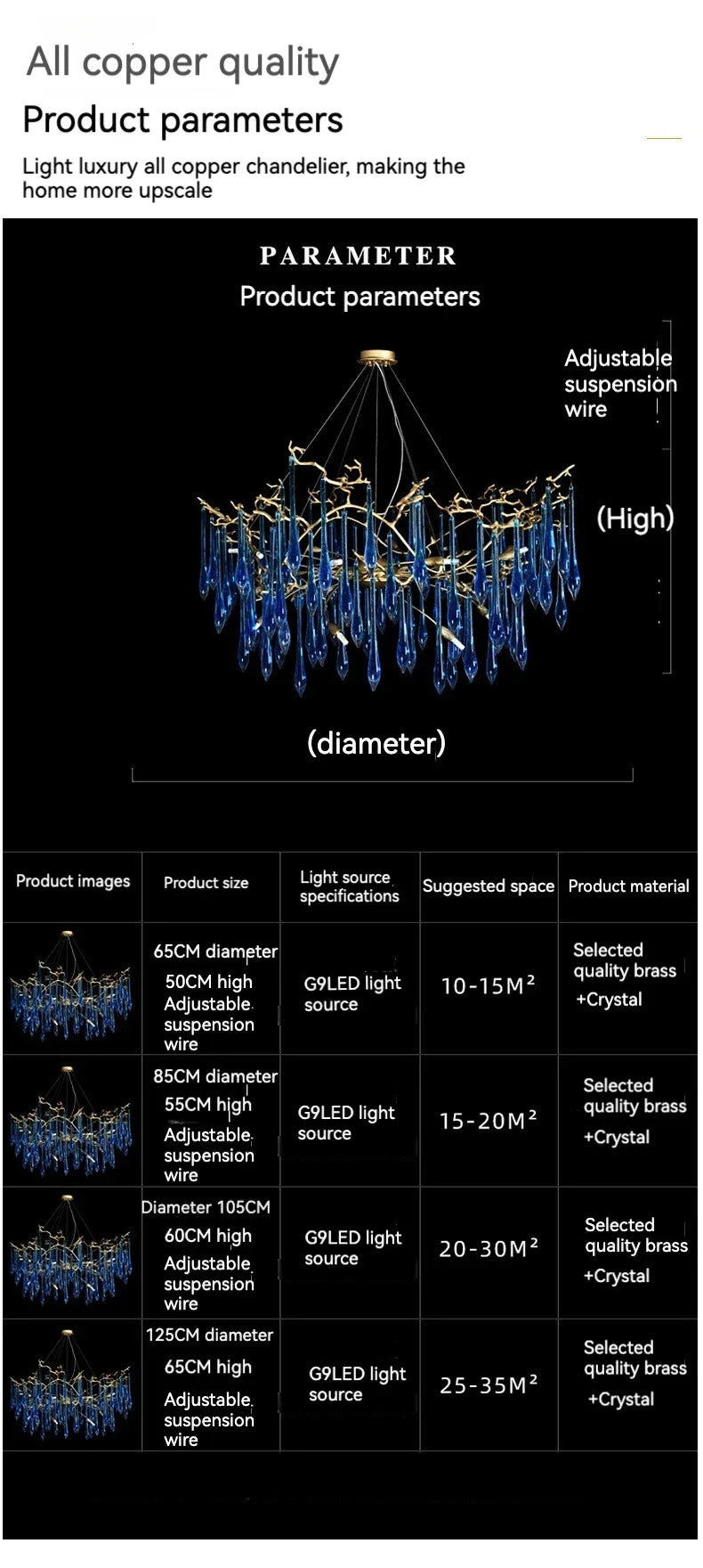 Lustre en cristal bleu de luxe avec finitions en cuivre pour un éclairage élégant et moderne.-LUMICONCEPT