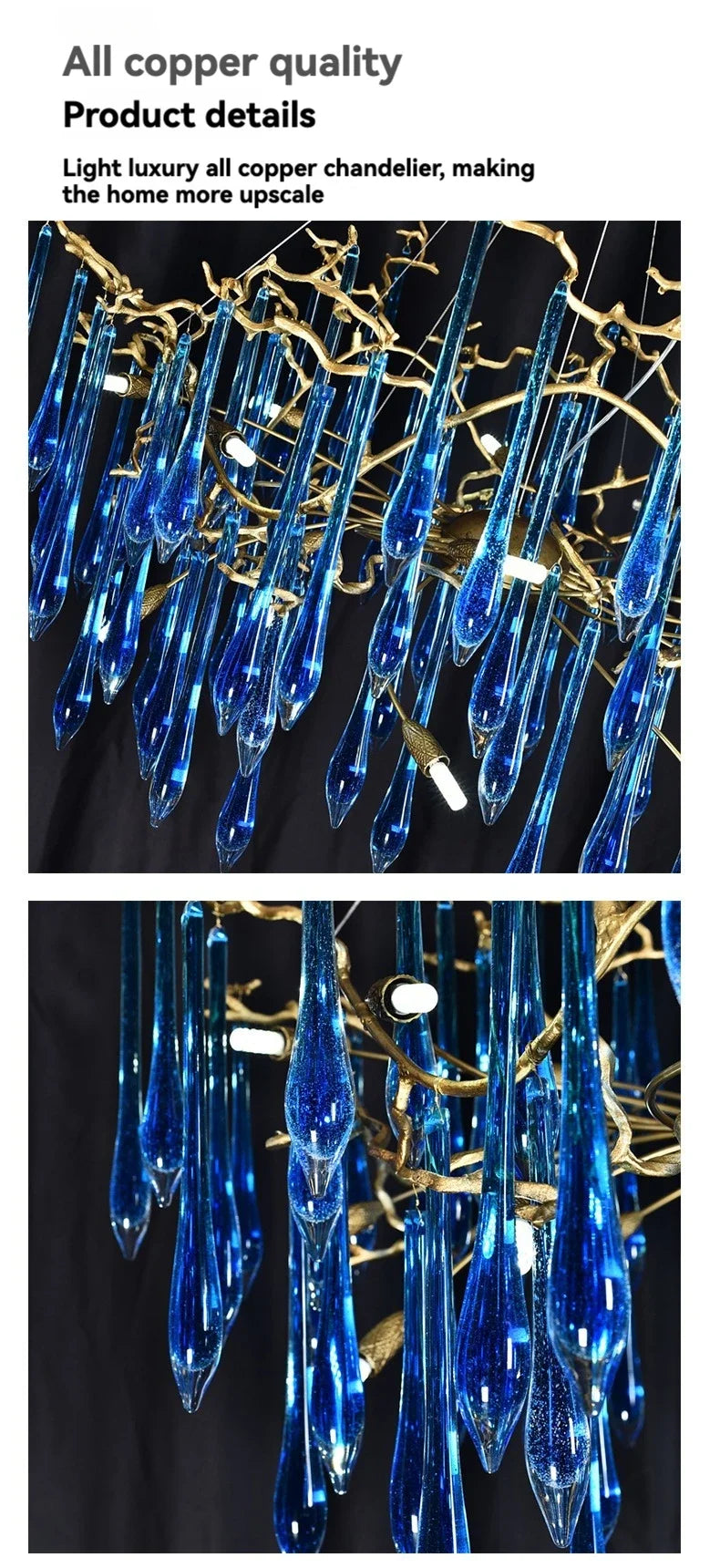 Lustre en cristal bleu de luxe avec finitions en cuivre pour un éclairage élégant et moderne.-LUMICONCEPT