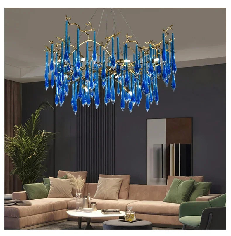 Lustre en cristal bleu de luxe avec finitions en cuivre pour un éclairage élégant et moderne.-LUMICONCEPT