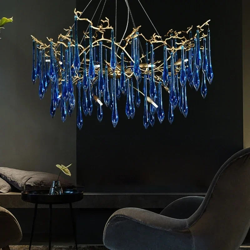 Lustre en cristal bleu de luxe avec finitions en cuivre pour un éclairage élégant et moderne.-LUMICONCEPT