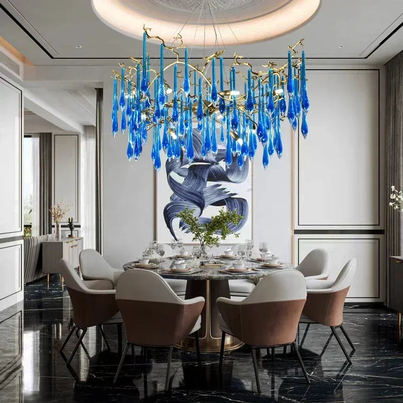 Lustre en cristal bleu de luxe avec finitions en cuivre pour un éclairage élégant et moderne.-LUMICONCEPT