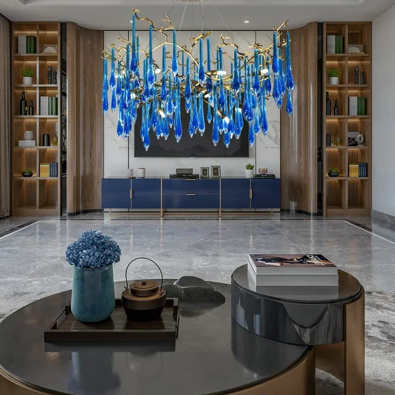 Lustre en cristal bleu de luxe avec finitions en cuivre pour un éclairage élégant et moderne.-LUMICONCEPT