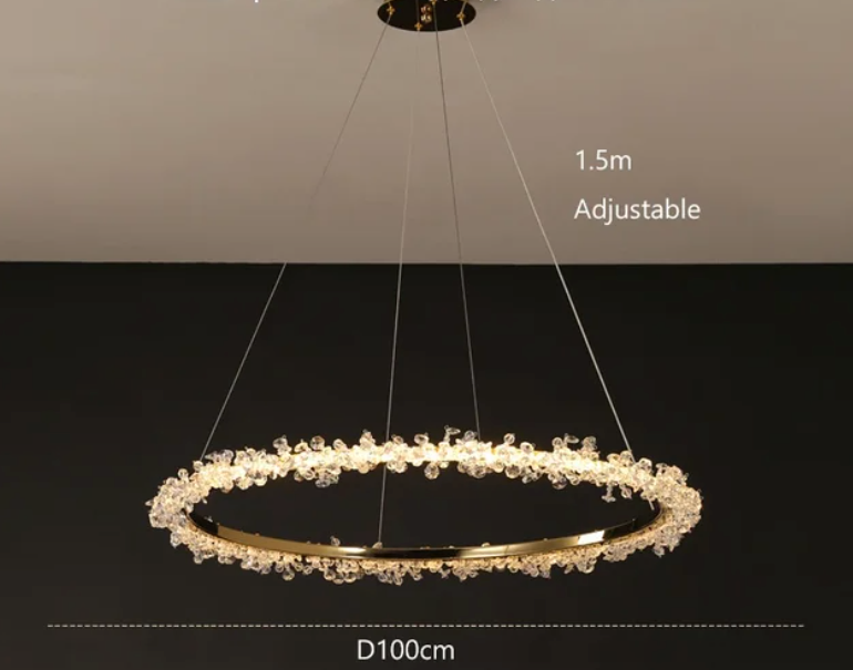 Suspendu Design : Multiples Anneaux Lumineux en Laiton et Cristal-LUMICONCEPT