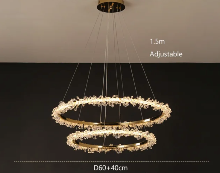 Suspendu Design : Multiples Anneaux Lumineux en Laiton et Cristal-LUMICONCEPT