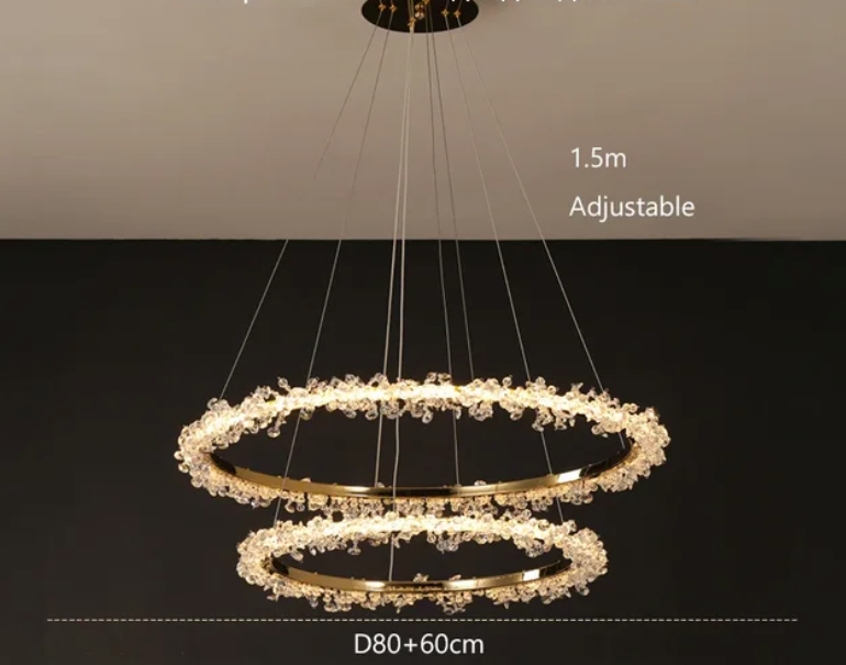 Suspendu Design : Multiples Anneaux Lumineux en Laiton et Cristal-LUMICONCEPT