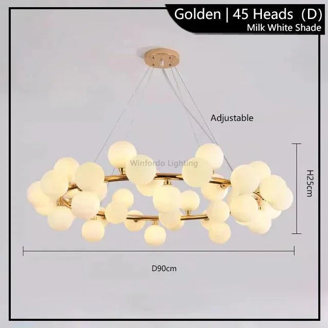 Suspension LED Éclairante avec Boules Opaques et Structure en Métal Doré-LUMICONCEPT