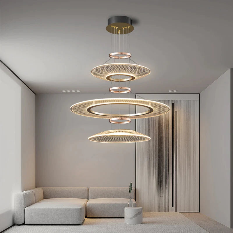 Suspension Moderne en Aluminium Doré avec Éclairage LED Trichromatique et Options de Personnalisation-LUMICONCEPT